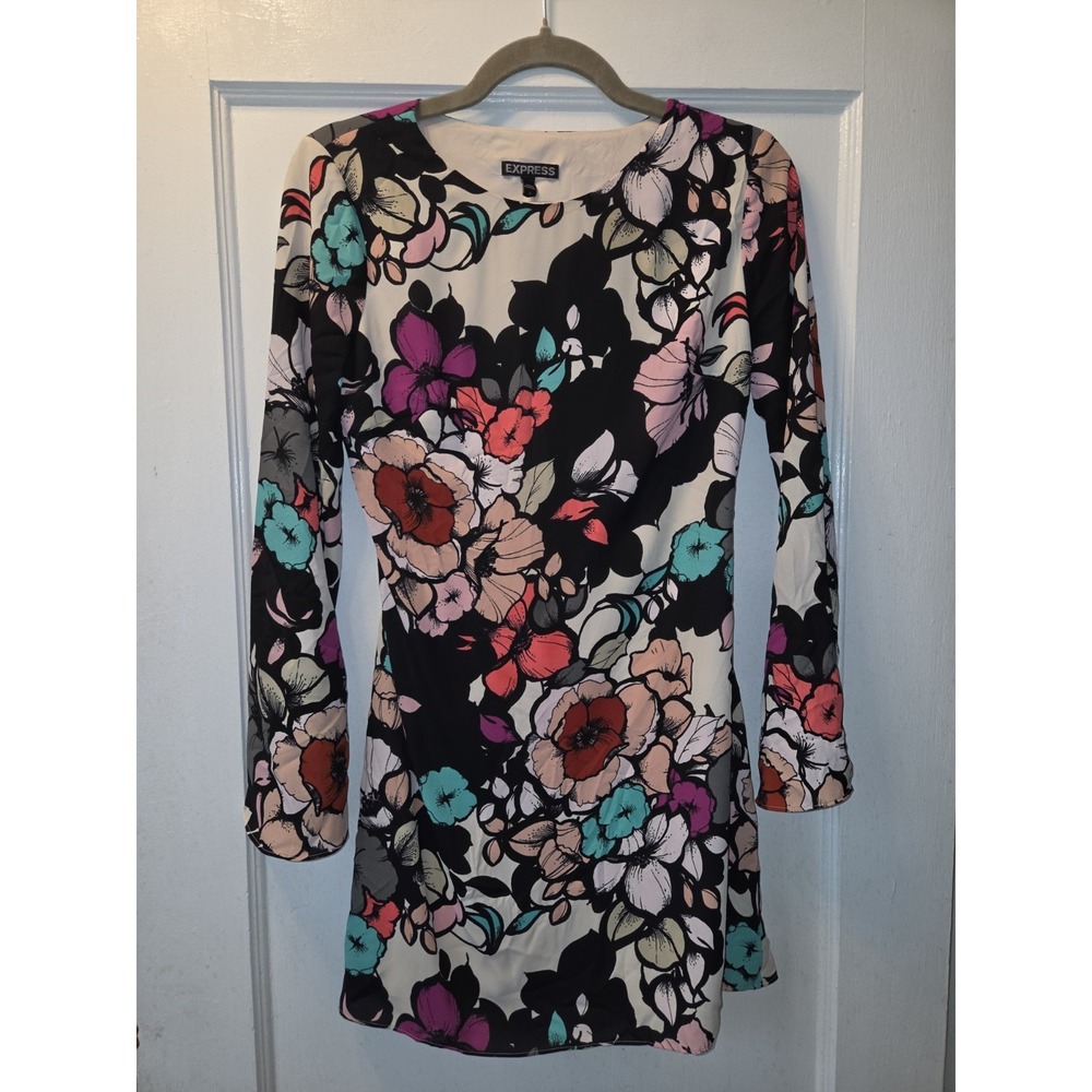 Express Shift Dress Women Size 2 Multi Floral Lined Long Sleeve Keyhole Back Zip